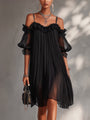 Black Chiffon Mini Dress with Off-the-Shoulder Neckline and Lace
