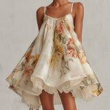 Beige Floral Organza Mini Dress with Lace