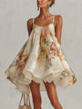 Beige Floral Organza Mini Dress with Lace