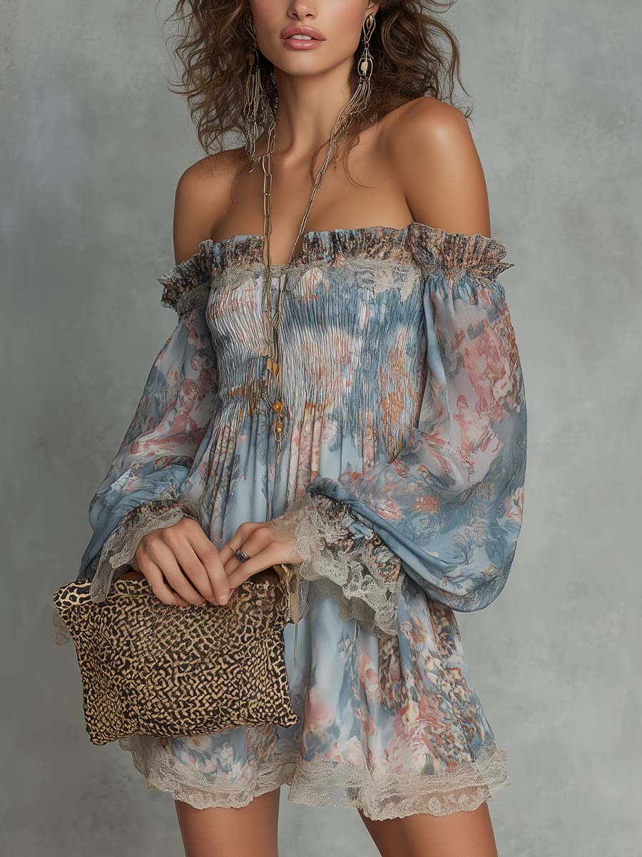 Mini Chiffon Dress with Floral Print and Bare Shoulders