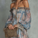 Mini Chiffon Dress with Floral Print and Bare Shoulders