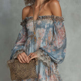 Mini Chiffon Dress with Floral Print and Bare Shoulders