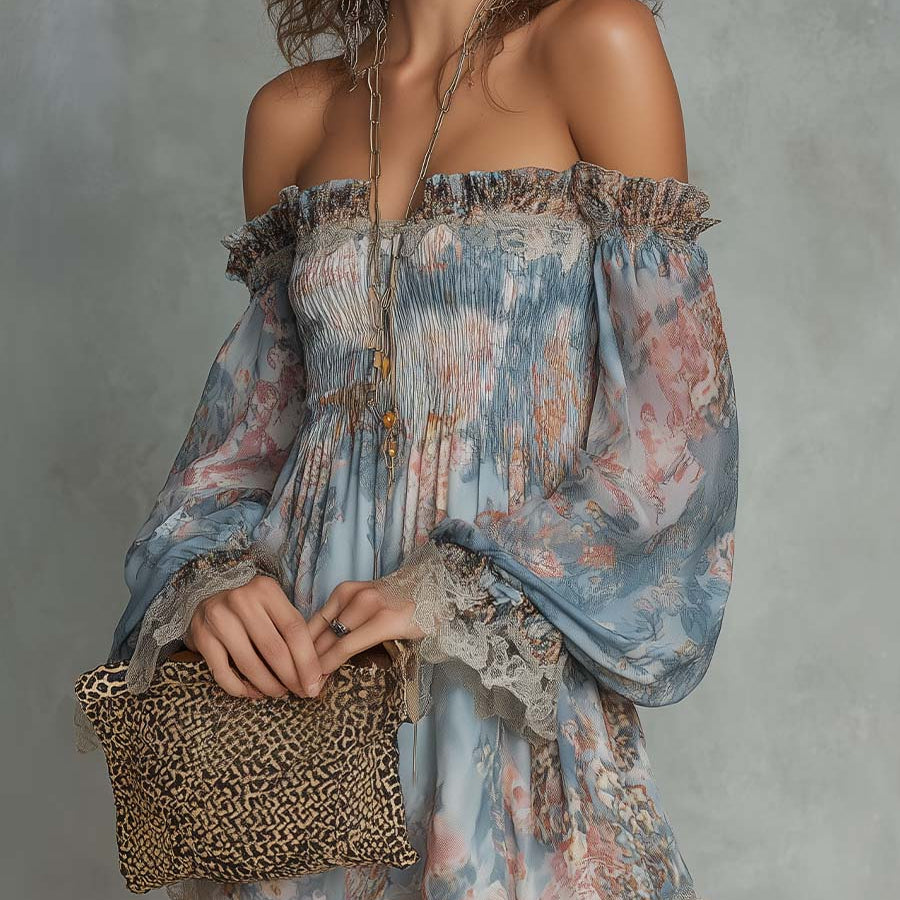 Mini Chiffon Dress with Floral Print and Bare Shoulders
