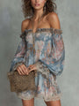 Mini Chiffon Dress with Floral Print and Bare Shoulders