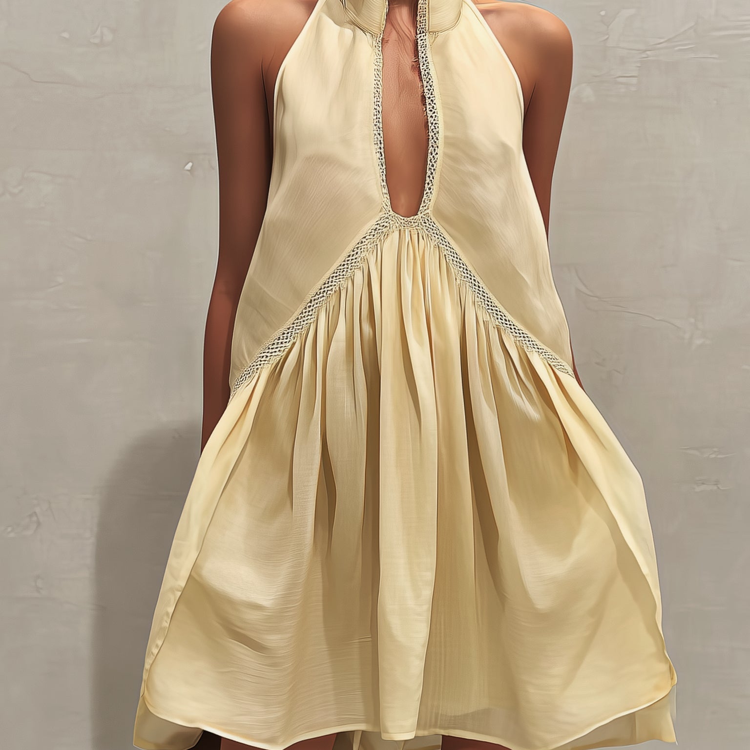 Yellow Sleeveless Mini Dress with Deep V-Neck and Lace