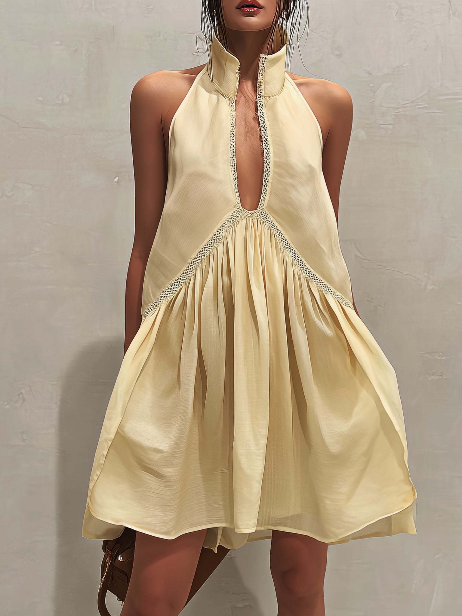 Yellow Sleeveless Mini Dress with Deep V-Neck and Lace