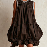 Brown Sleeveless Mini Dress with Balloon Hem