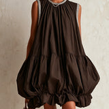 Brown Sleeveless Mini Dress with Balloon Hem