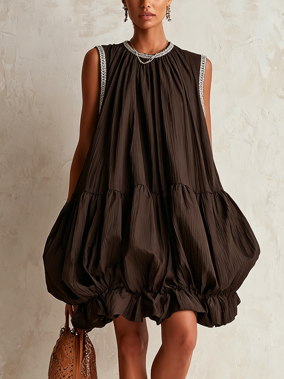Brown Sleeveless Mini Dress with Balloon Hem