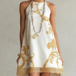 White Mini Dress with Golden Floral Print