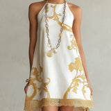 White Mini Dress with Golden Floral Print
