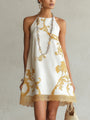 White Mini Dress with Golden Floral Print
