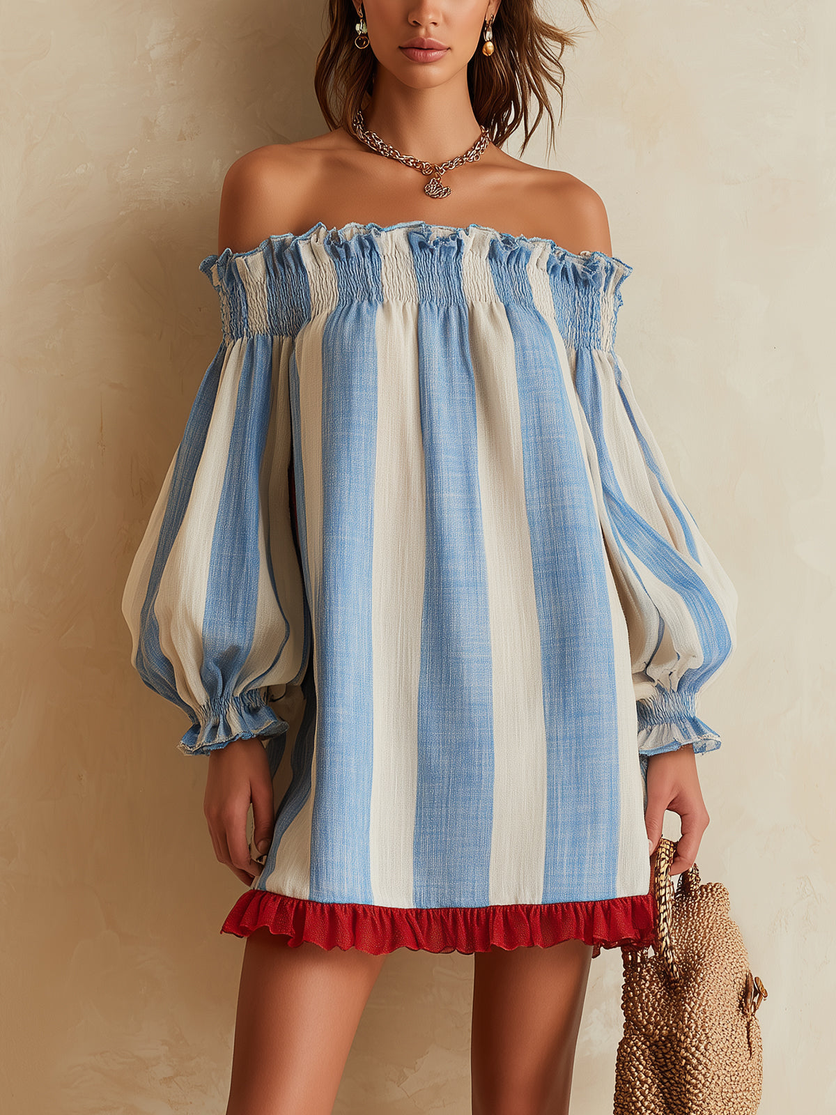 Blue and White Striped Mini Dress with Off-the-Shoulder Neckline