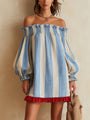 Blue and White Striped Mini Dress with Off-the-Shoulder Neckline