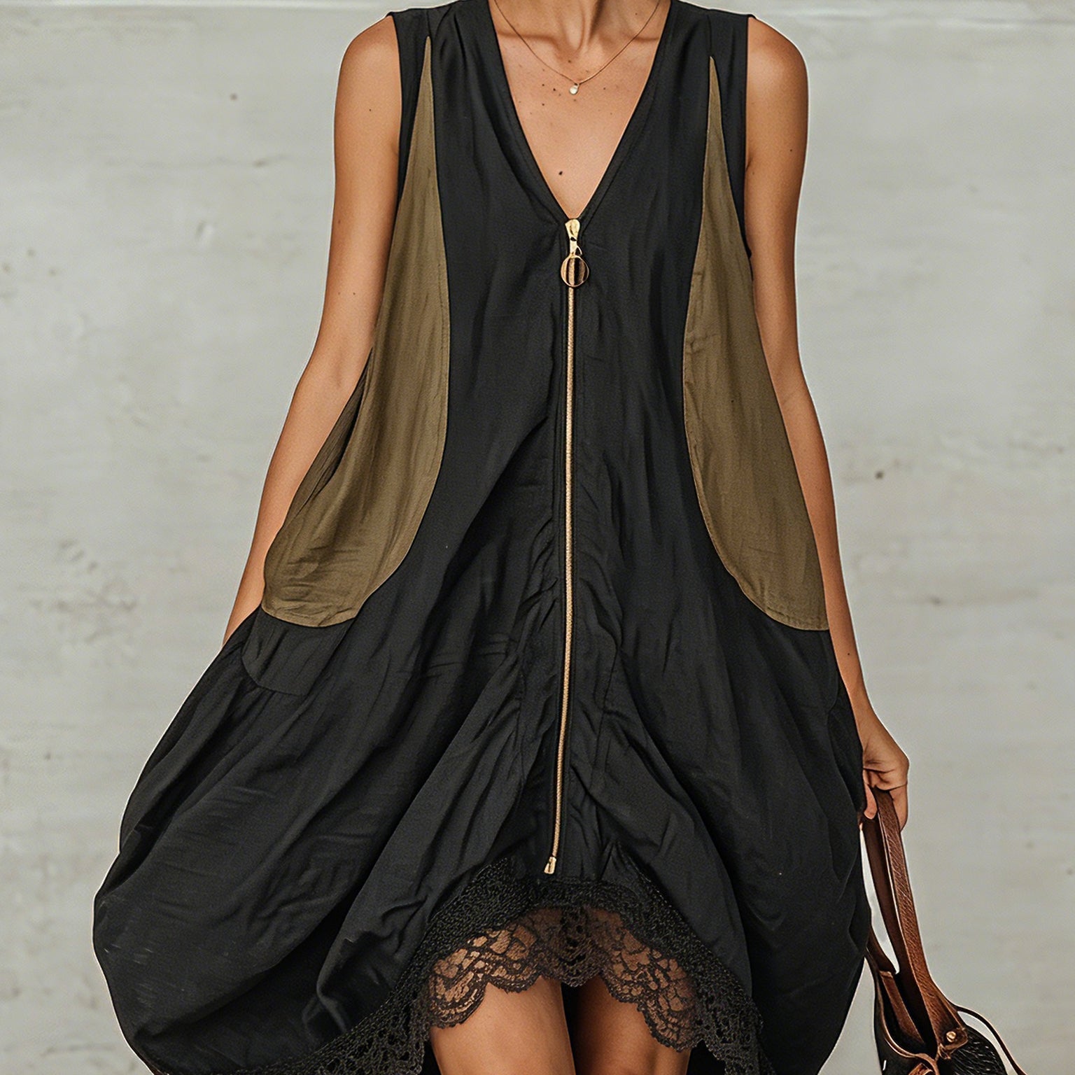 Mini Tulip-Shaped Dress with Front Zip and Contrasting Colours