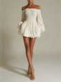 White Mini Dress with Exposed Shoulders and Cinched Waist