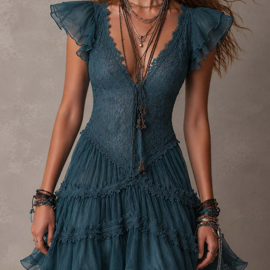 Petrol Blue Mini Dress with Retro Lace and Chiffon Ruffles