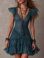 Petrol Blue Mini Dress with Retro Lace and Chiffon Ruffles