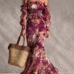 Maxi Floral Chiffon Dress with Off-the-Shoulder Neckline