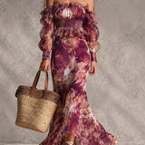 Maxi Floral Chiffon Dress with Off-the-Shoulder Neckline