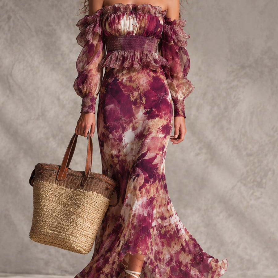 Maxi Floral Chiffon Dress with Off-the-Shoulder Neckline