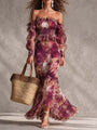 Maxi Floral Chiffon Dress with Off-the-Shoulder Neckline