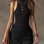 Bohemian Black Mini Dress with Cutout Shoulders and Pleated Folds