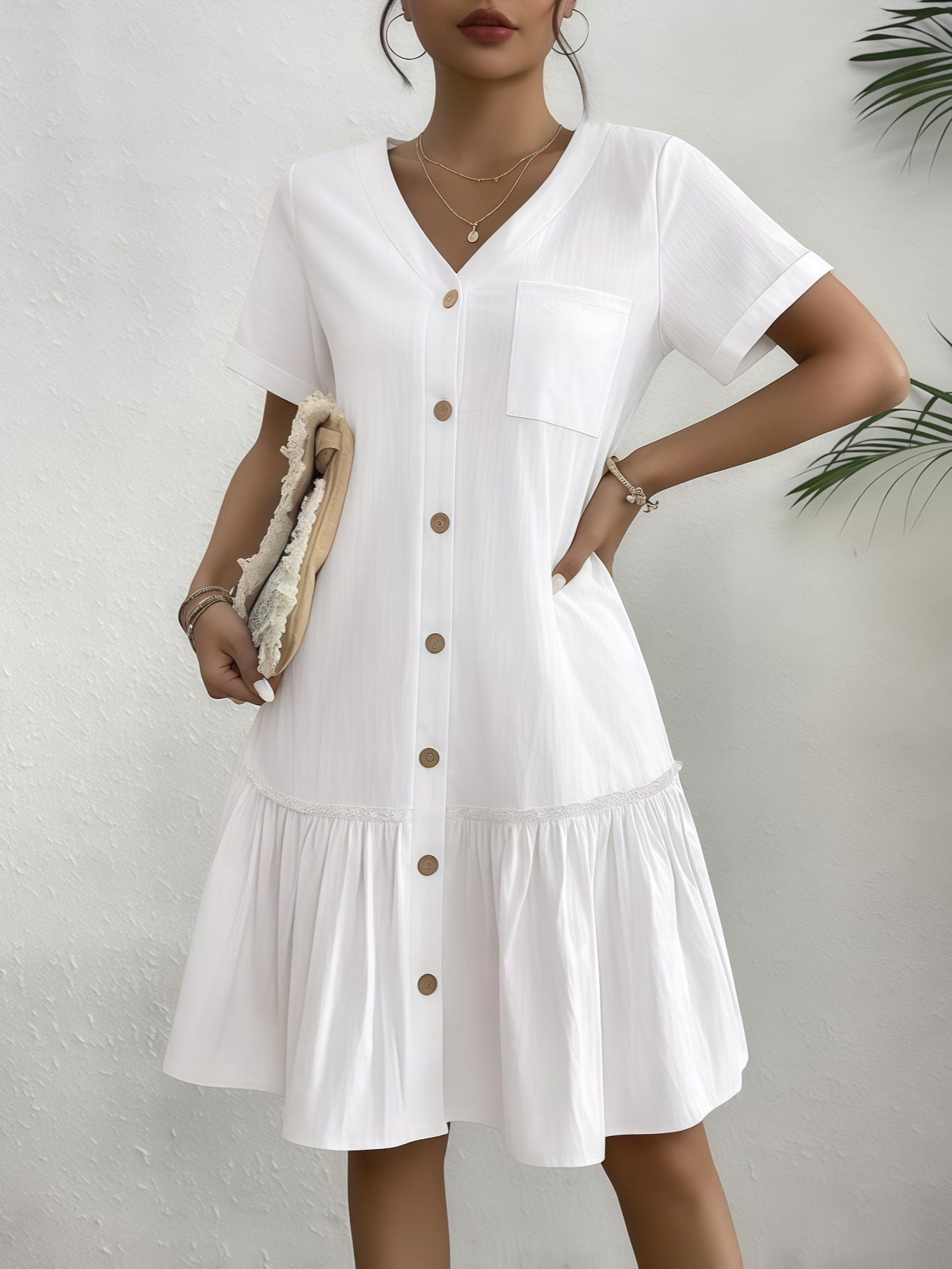 Loose Shirt Dress with a Button and Short Sleeves