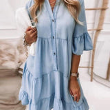 Washed Denim Midi Dress with Short Sleeves