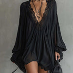 Black Chiffon Mini Dress with Lace Neckline