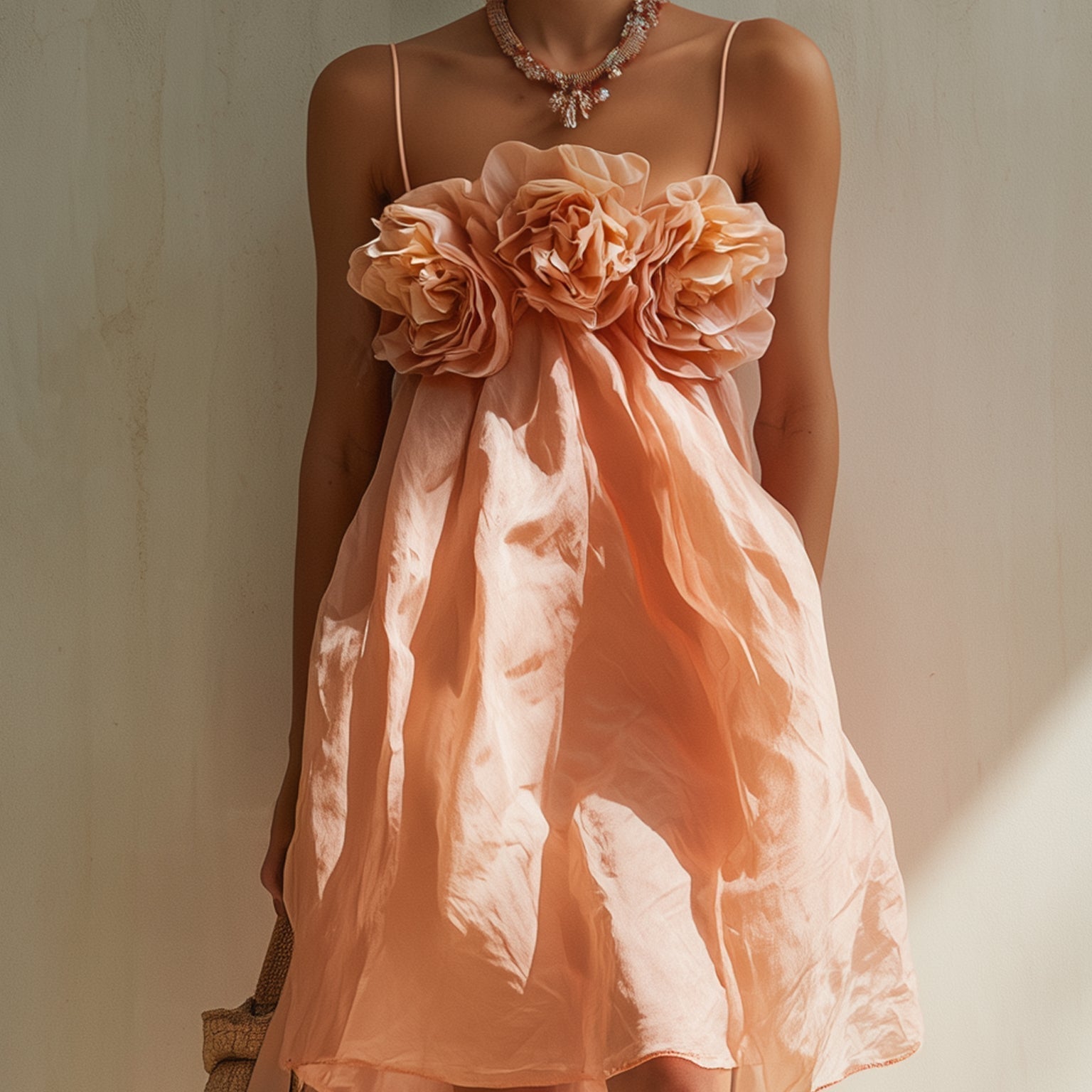 Pink Mini Dress with 3D Flowers and Thin Straps
