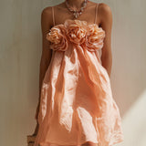 Pink Mini Dress with 3D Flowers and Thin Straps