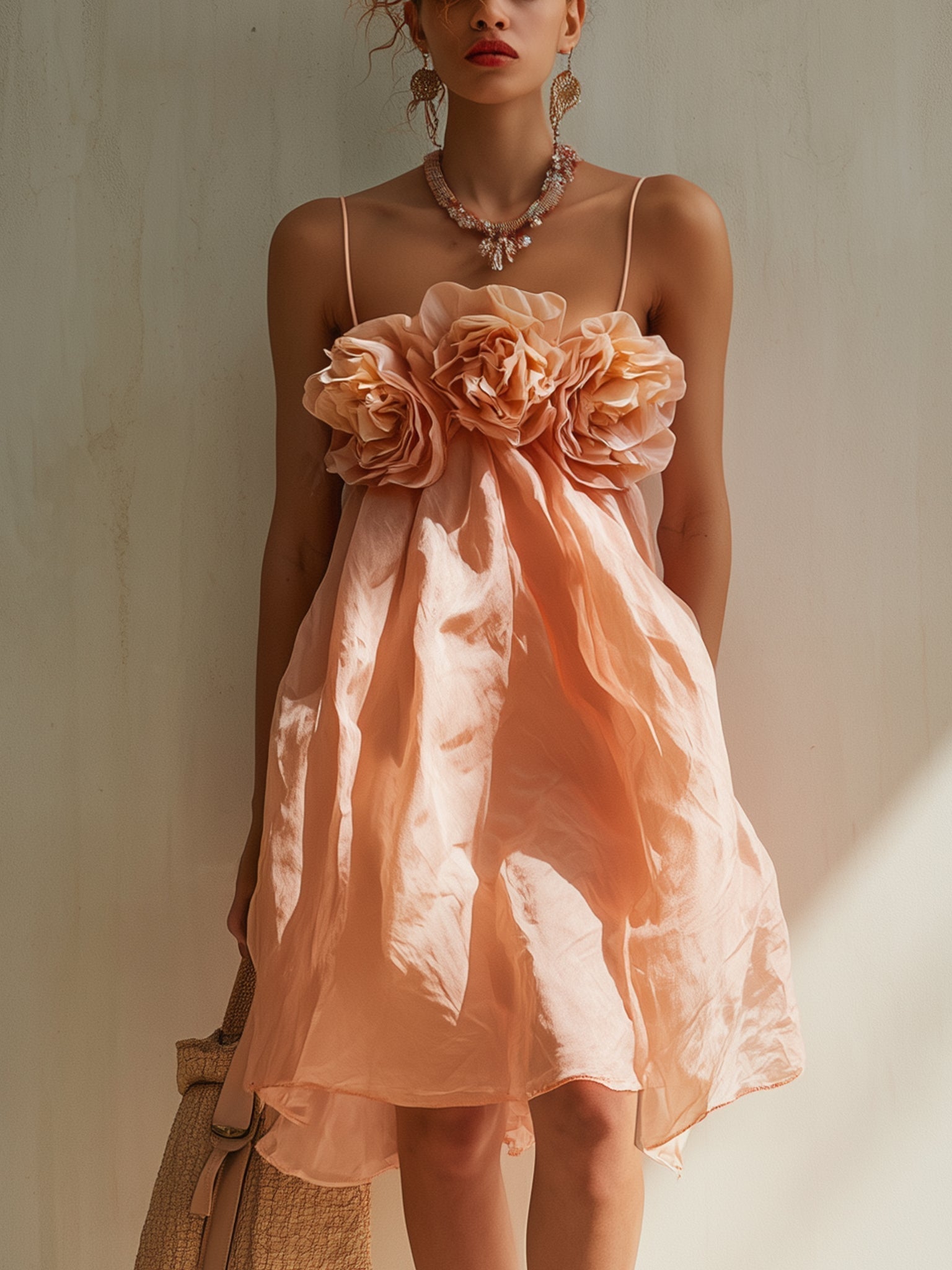Pink Mini Dress with 3D Flowers and Thin Straps