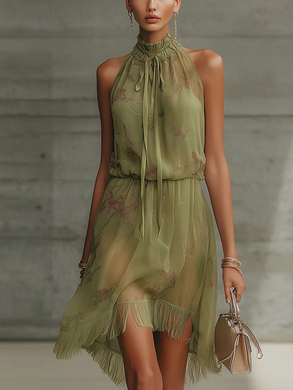 Mini Chiffon Dress with Green Flowers and Elastic Waist