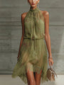 Mini Chiffon Dress with Green Flowers and Elastic Waist
