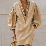 Beige Mini Dress with V-Neck and Puffed Sleeves