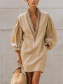 Beige Mini Dress with V-Neck and Puffed Sleeves