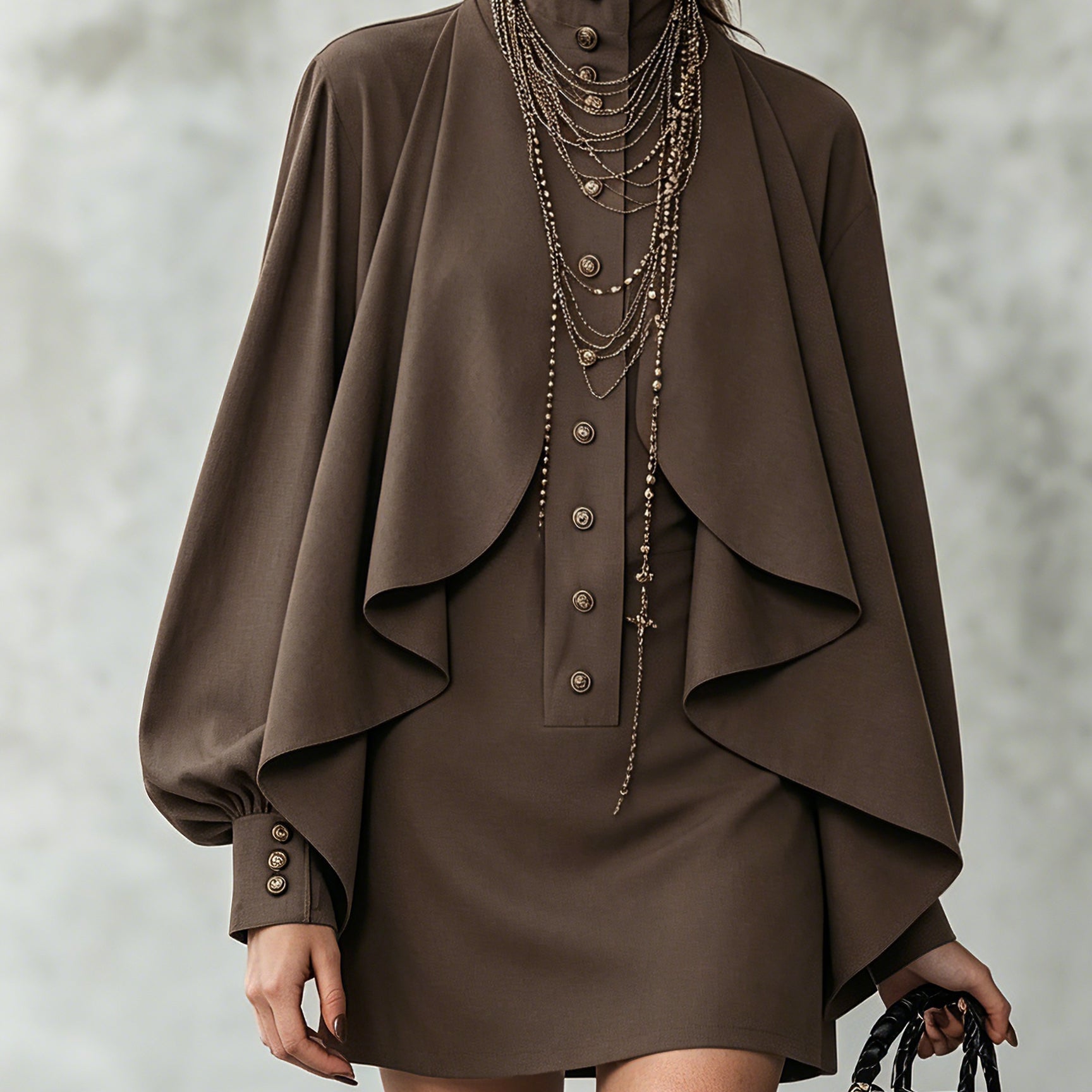 Mini Velvet Dress with High Collar and Cape-Style Panels