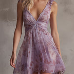 Chiffon Mini Dress with Retro Floral Print in Purple