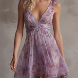 Chiffon Mini Dress with Retro Floral Print in Purple