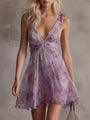Chiffon Mini Dress with Retro Floral Print in Purple