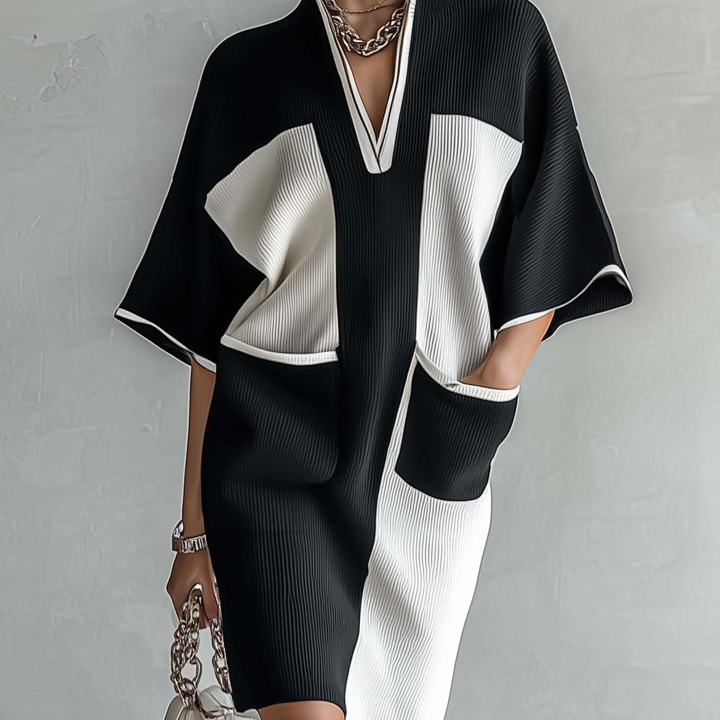 Black and White Two-Tone Midi Dress with Batwing Sleeves