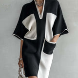 Black and White Two-Tone Midi Dress with Batwing Sleeves