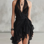 Black Mini Dress with Round Neckline, Lace and Ruffles