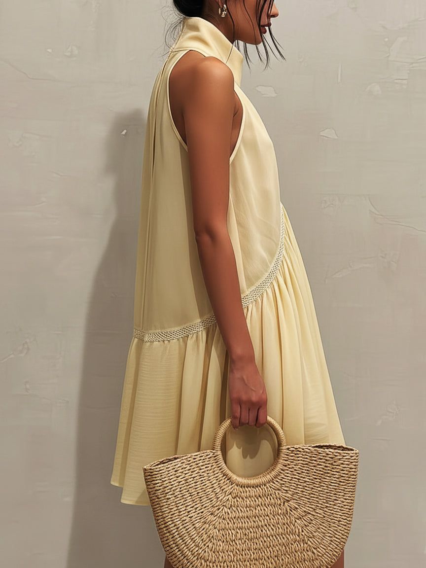 Yellow Sleeveless Mini Dress with Deep V-Neck and Lace — view 2
