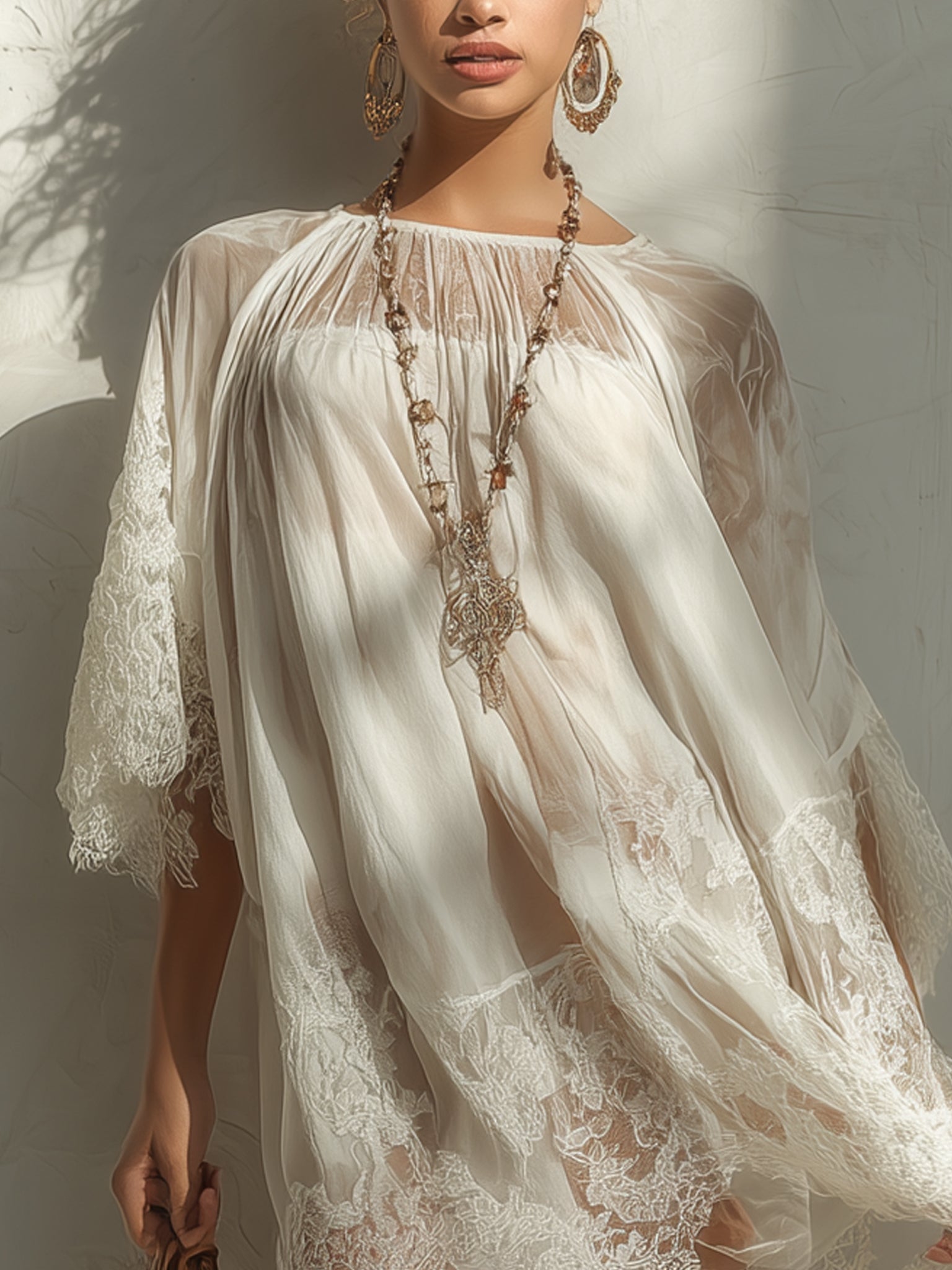 Mini Chiffon Dress with White Lace Appliqués — view 2