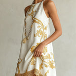 White Mini Dress with Golden Floral Print — view 2