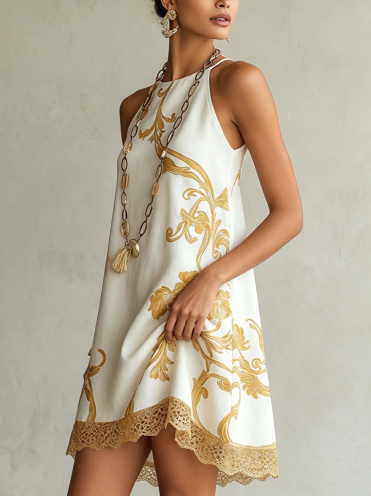 White Mini Dress with Golden Floral Print — view 2