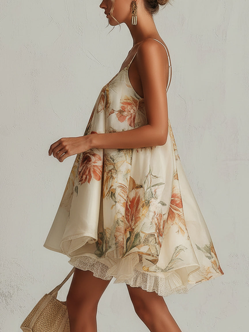 Beige Floral Organza Mini Dress with Lace — view 2