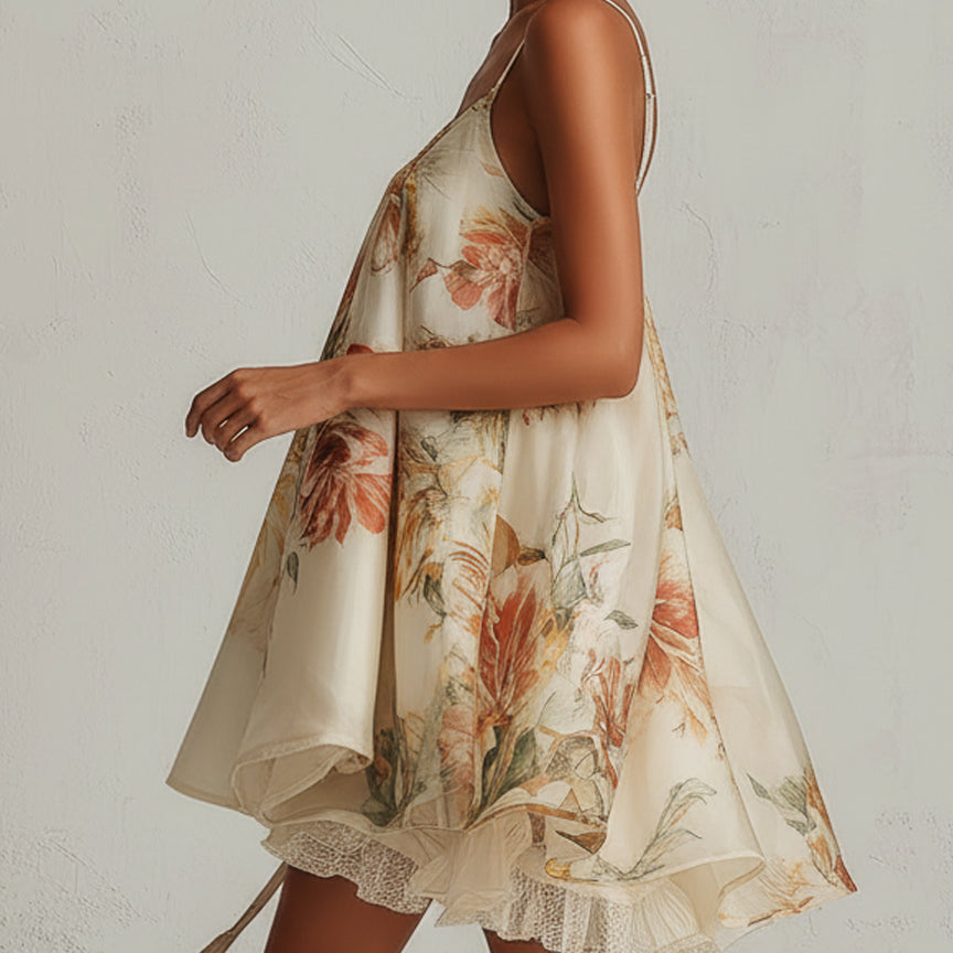 Beige Floral Organza Mini Dress with Lace — view 2